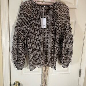 MISA Los Angeles Gray and Brown Puff Sleeve Ruffled Blouse